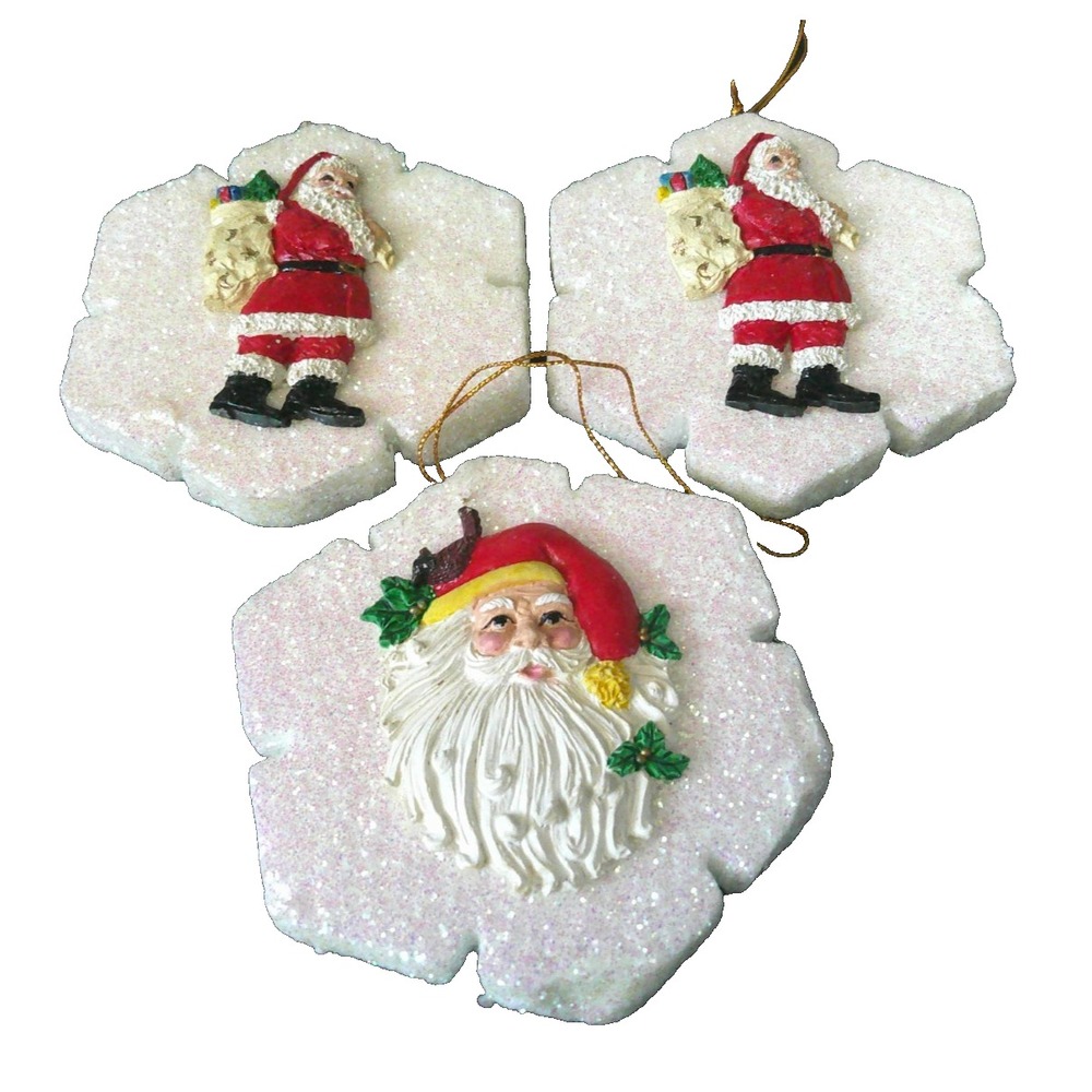 Styrofoam Snowflakes Resin Santa Christmas‎ Holiday Ornaments Glittery Set Of 3
